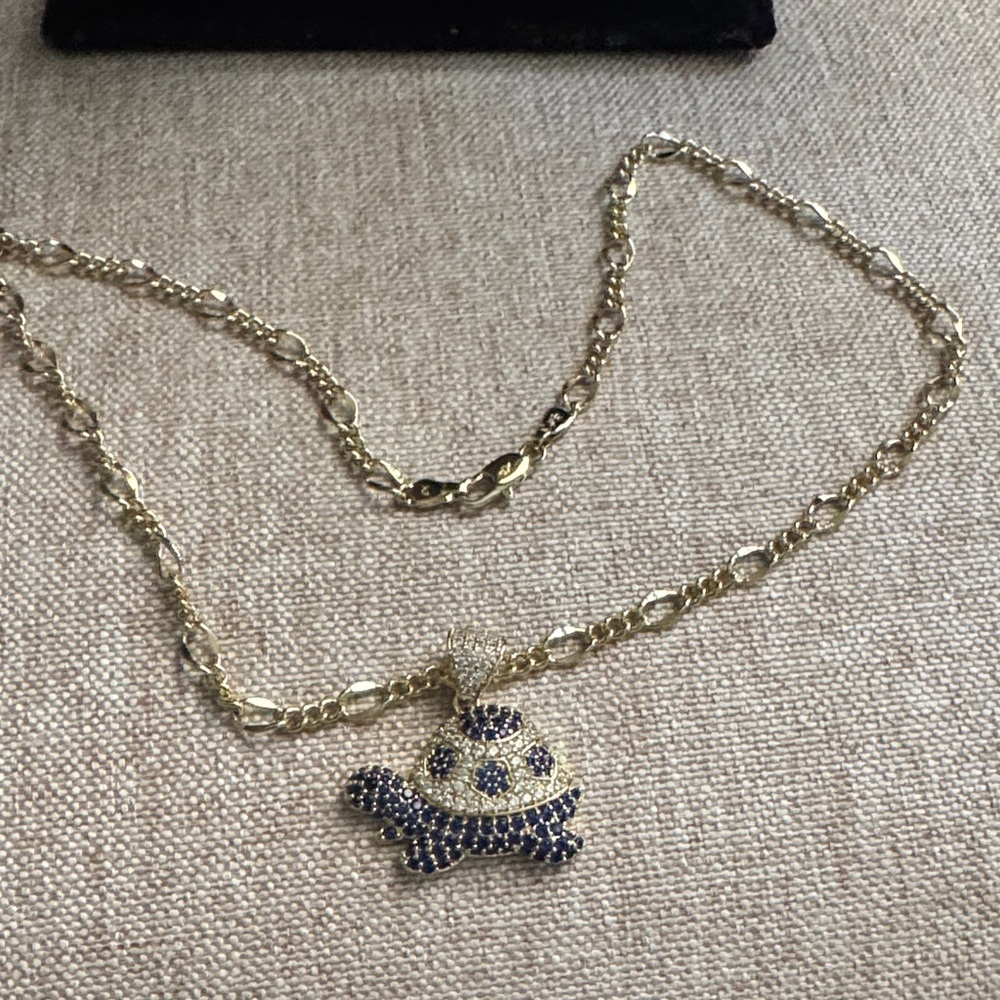 Gold Tone Turtle Pendant Necklace‎ with Blue Crystals